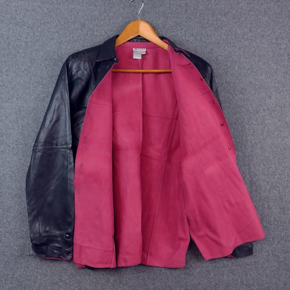 Worth 90s Black Genuine Leather Shirt Jacket Pink Suede Lined Size 6